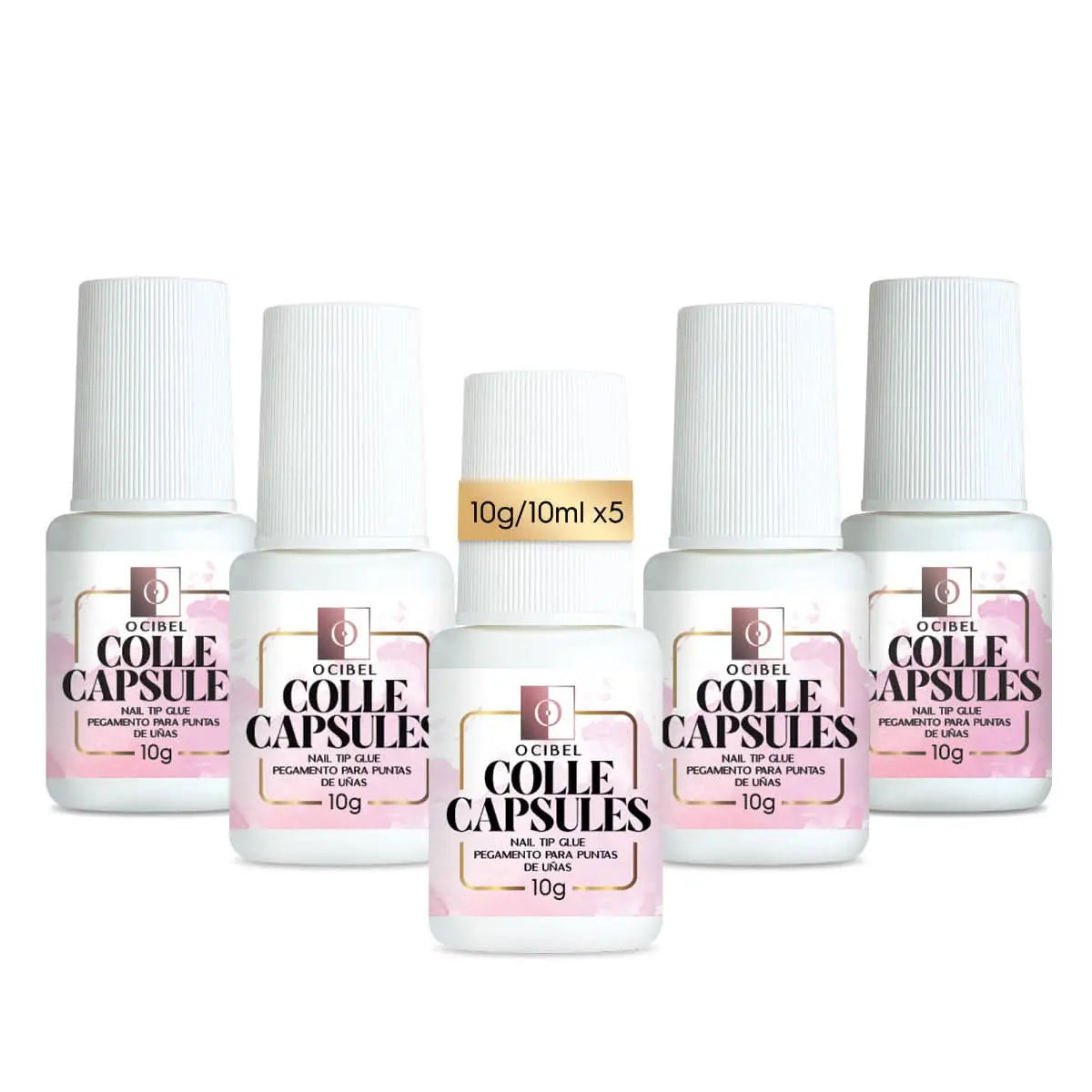 5 Colles Extra Forte pour Faux Ongles 5x10g = 50g (50ml) - Pinceau applicateur pour Capsules en Gel, Plastique, Acrylique et Strass OCIBEL