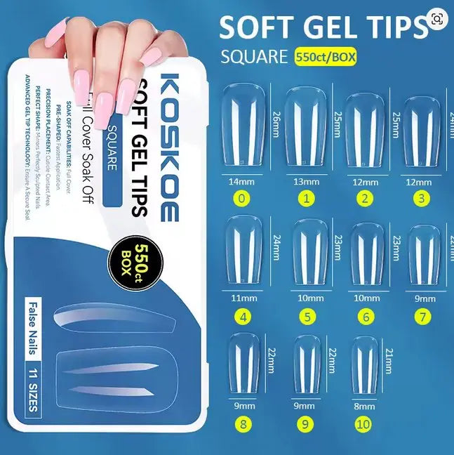 550 Soft Gel Tips Forme Medium Square Flexible aux cuticules OCIBEL