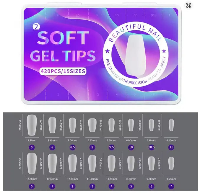Boite de 420 Soft Gel Tips Coffin M pour Ongles - 15 Tailles – Mat OCIBEL