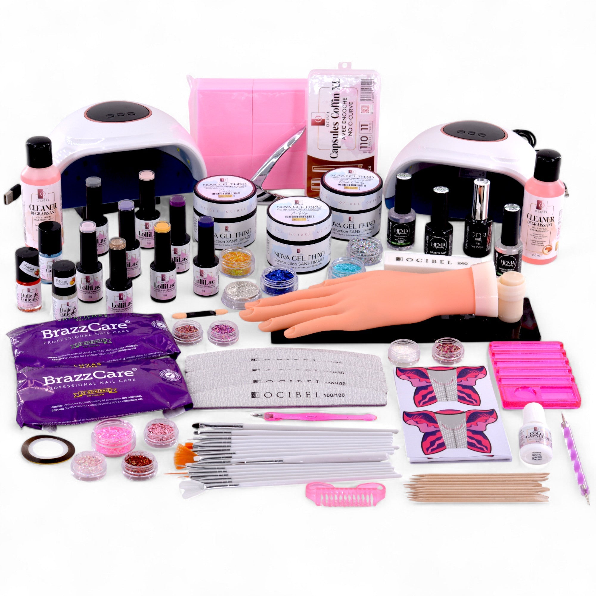Kit Ongles Complet Master – Gel de Construction Sans Limage, 2 Lampes 72 W USB, 8 Vernis LolliLac, Accessoires et Soins Professionnels OCIBEL