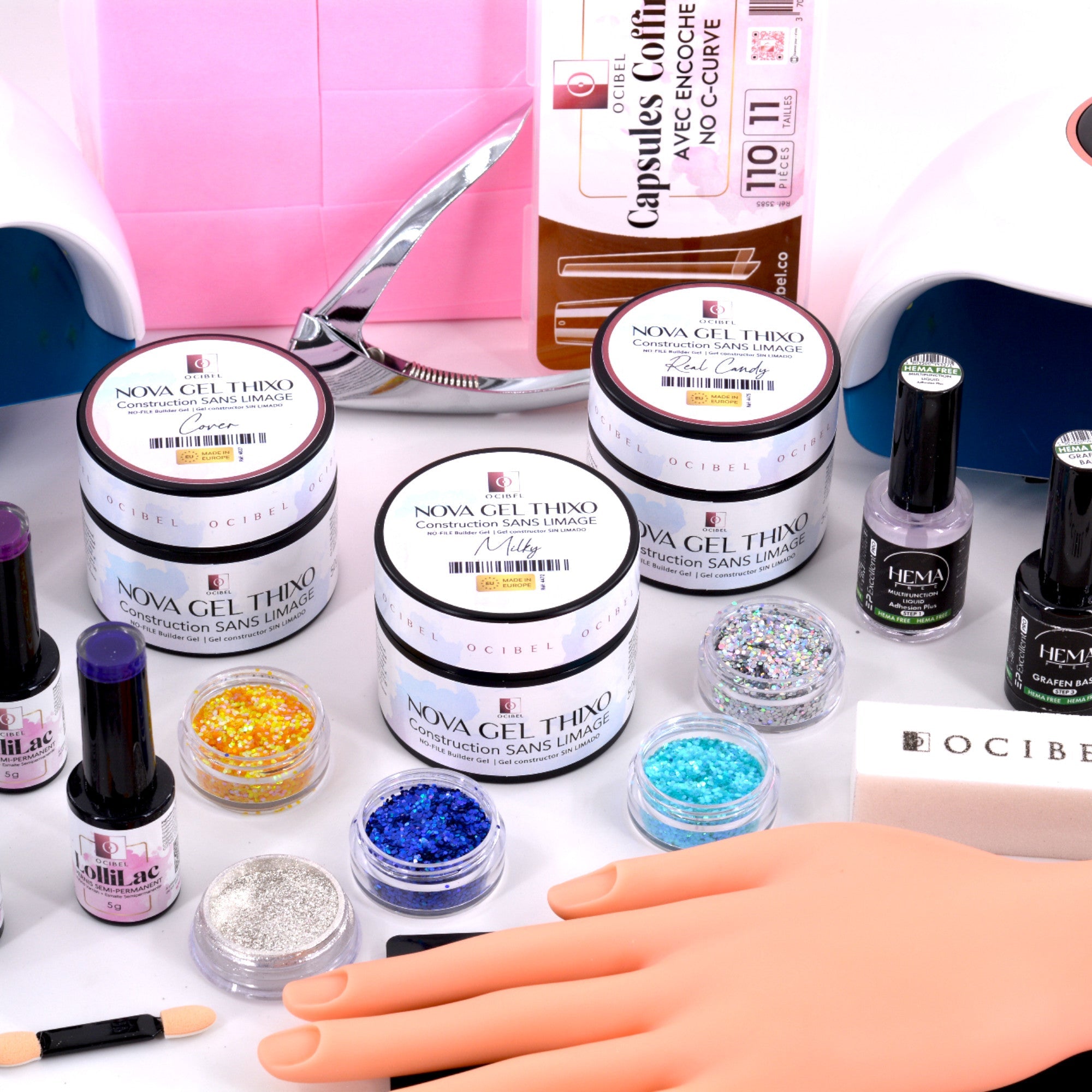 Kit Ongles Complet Master – Gel de Construction Sans Limage, 2 Lampes 72 W USB, 8 Vernis LolliLac, Accessoires et Soins Professionnels OCIBEL