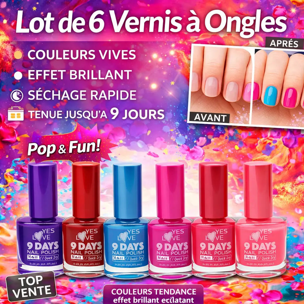 Lot de 6 vernis à ongles couleurs vives – effet brillant – séchage rapide – tenue jusqu’à 9 jours – palette pop tendance – 13 ml