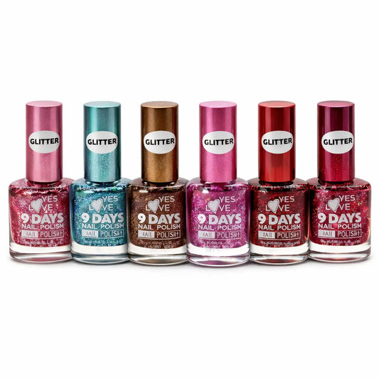 Lot de 6 vernis à ongles glitter – paillettes intenses rose, argent et turquoise – effet brillant extrême – séchage rapide – tenue 9 jours – 13 ml