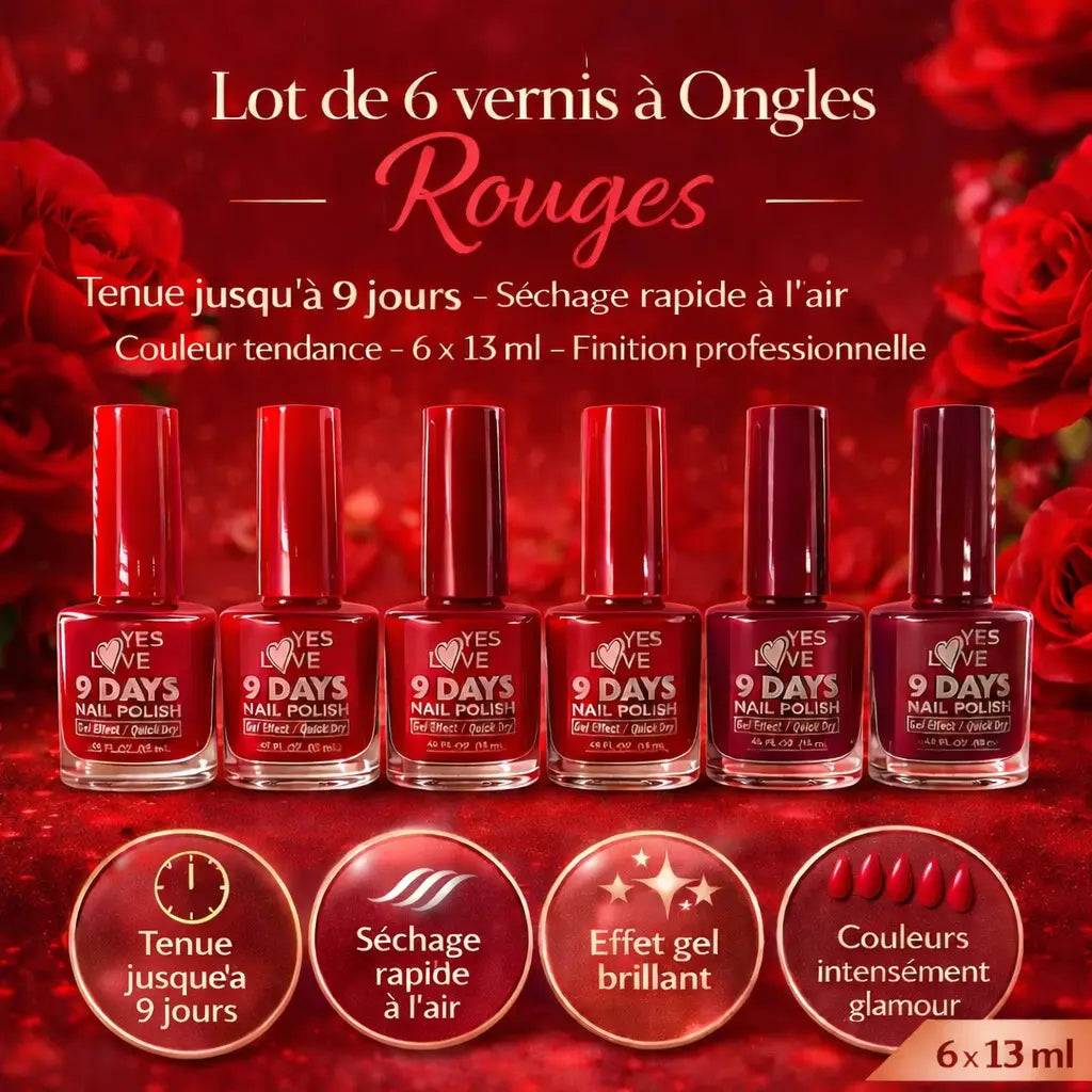 Lot de 6 vernis à ongles rouges effet gel brillant – Tenue jusqu’à 9 jours – Séchage rapide à l’air – Couleurs rouges intenses et glamour – 6 x 13 ml – Finition professionnelle OCIBEL
