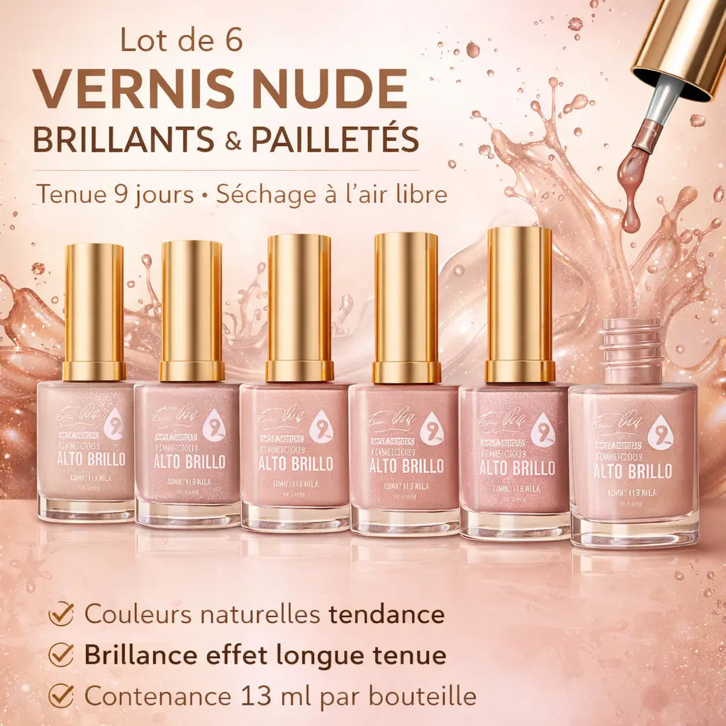 Lot de 6 vernis nude pailletés effet brillant – tenue 9 jours sans lampe – séchage rapide air libre – couleurs naturelles tendance – 13 ml