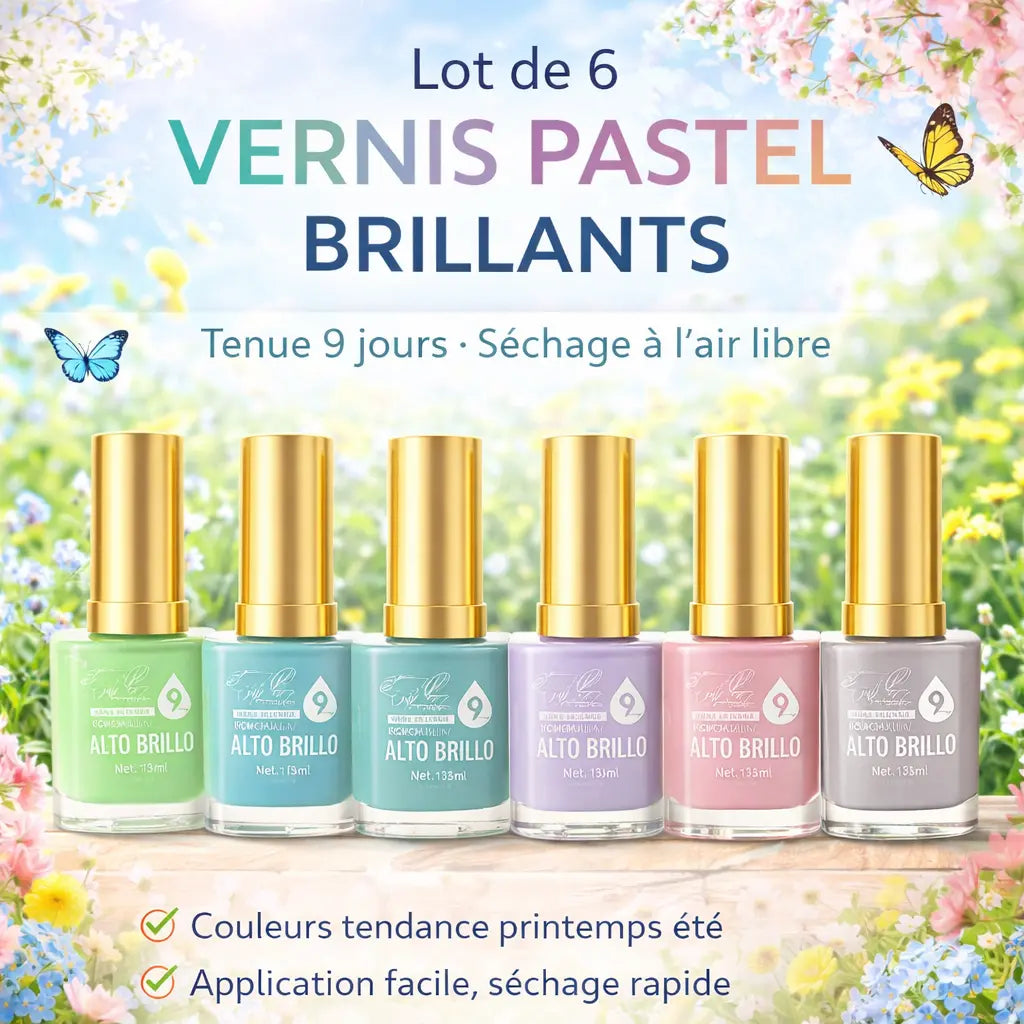 Lot de 6 vernis pastel brillants – couleurs tendance printemps été – tenue 9 jours – séchage air libre sans lampe – 13 ml