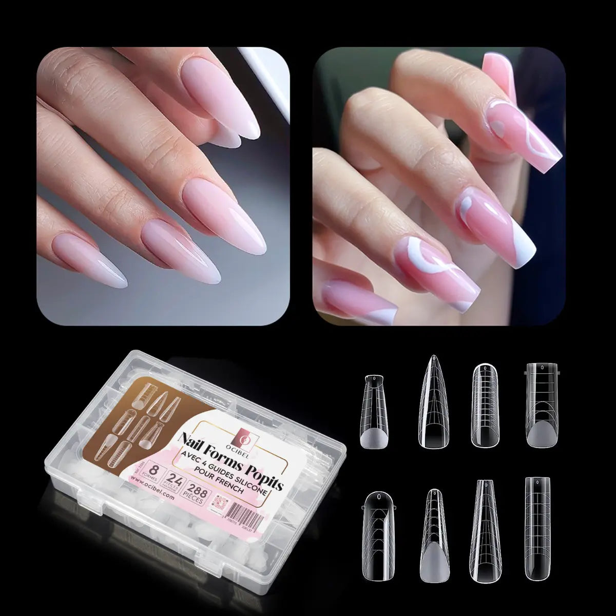 Nail Forms Popits Transparentes - 8 Formes et 4 Guides French - 288 Pièces OCIBEL