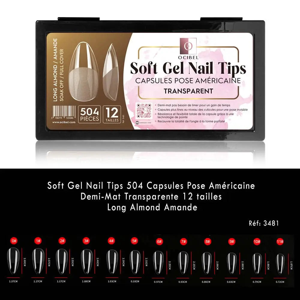 Soft Gel Nail Tips 504 Capsules Pose Américaine Demi-Mat Transparente 12 tailles - Long Almond Amande OCIBEL