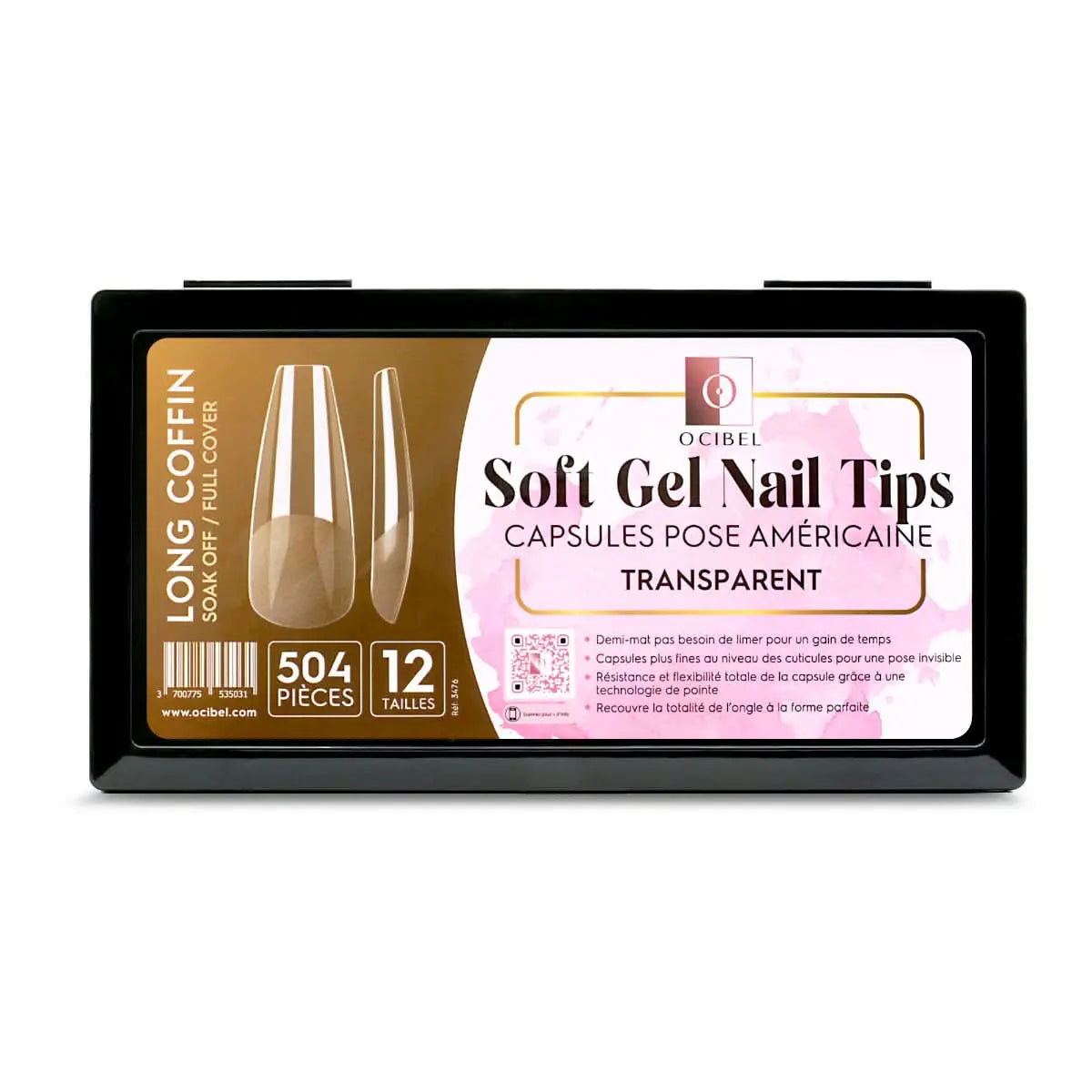 Soft Gel Nail Tips 504 Capsules Pose Américaine Demi-Mat Transparente 12 tailles - Long Coffin OCIBEL