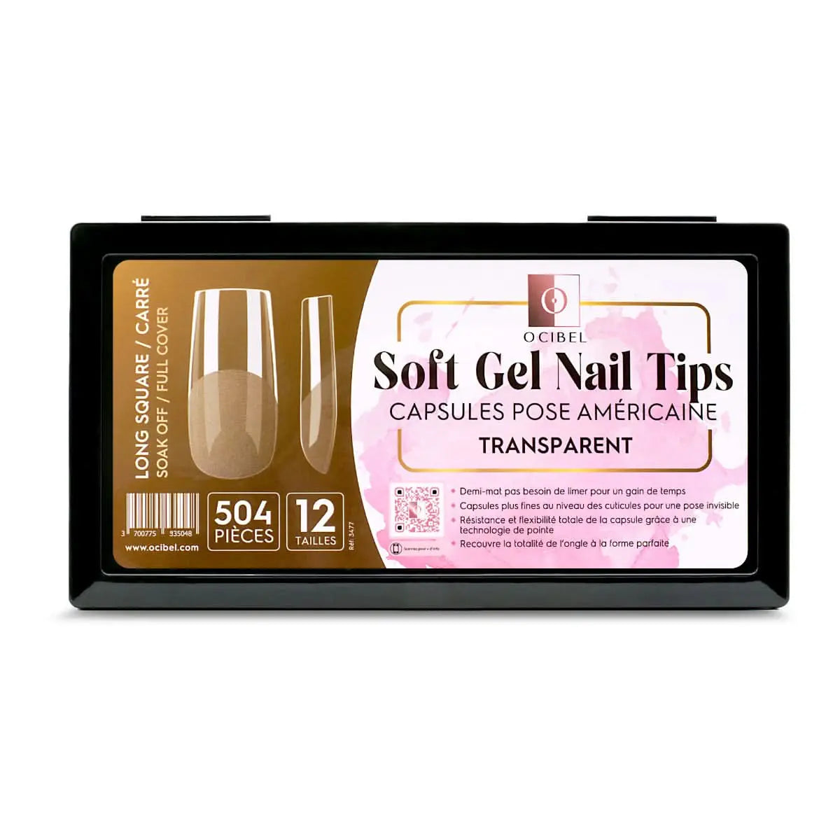 Soft Gel Nail Tips 504 Capsules Pose Américaine Demi-Mat Transparente 12 tailles - Long Square Carré OCIBEL