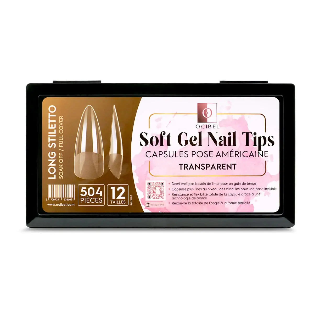 Soft Gel Nail Tips 504 Capsules Pose Américaine Demi-Mat Transparente 12 tailles - Long Stiletto OCIBEL