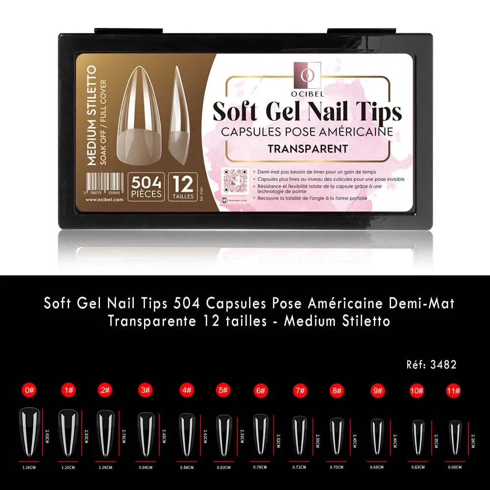 Soft Gel Nail Tips 504 Capsules Pose Américaine Demi-Mat Transparente 12 tailles - Medium Stiletto OCIBEL