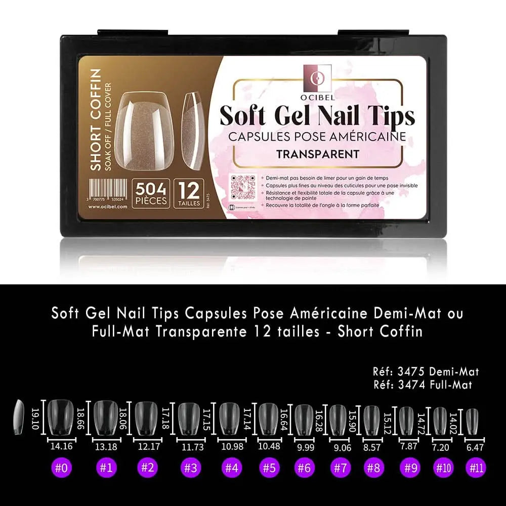Soft Gel Nail Tips 510 Capsules Pose Américaine Full-Mat Transparente 15 tailles - Short Coffin OCIBEL