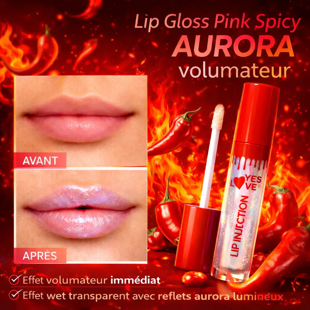Lip Gloss Pink Spicy Aurora volumateur – effet wet brillant – gloss repulpant mentholé – lèvres pulpeuses hydratées effet aurora