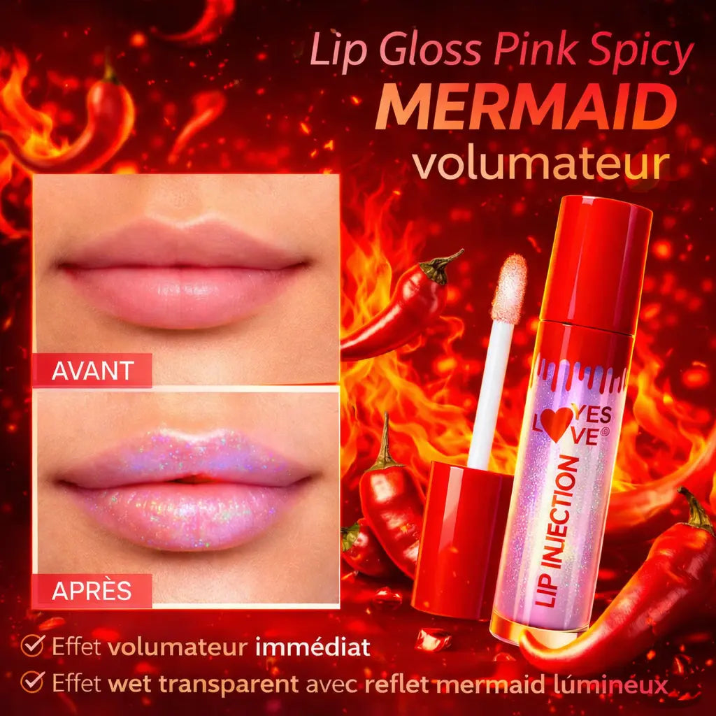 Lip Gloss Pink Spicy Mermaid volumateur – effet wet brillant – gloss repulpant mentholé – lèvres pulpeuses hydratées effet mermaid