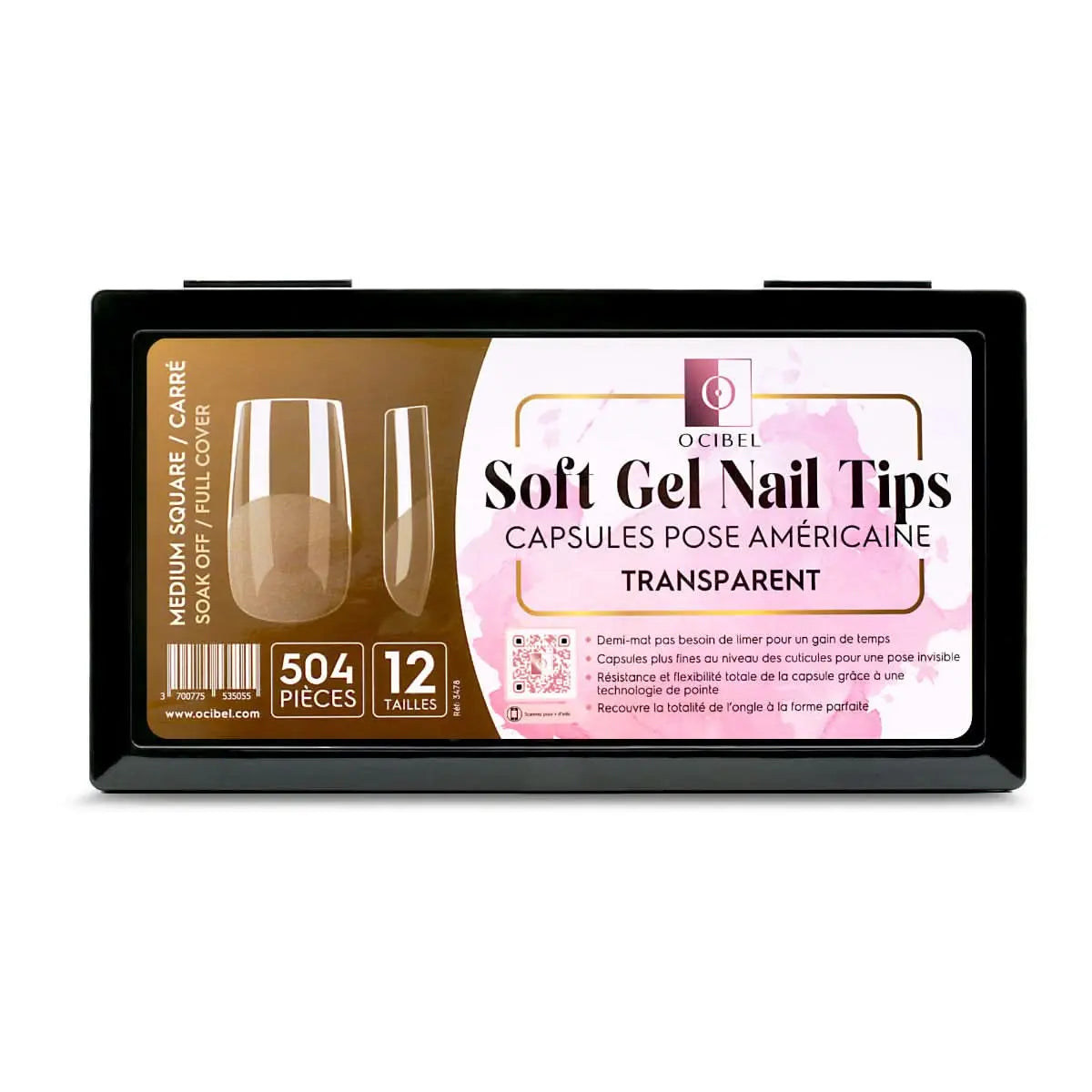 Soft Gel Nail Tips 504 Capsules Pose Américaine Demi-Mat Transparente 12 tailles - Medium Square Carré OCIBEL